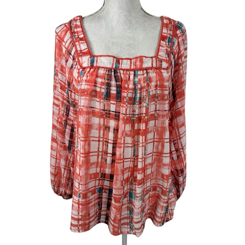 Hope & Harlow Women's XL Textured Square Neck Peasant Boho Blouse EUC‎ Orange
